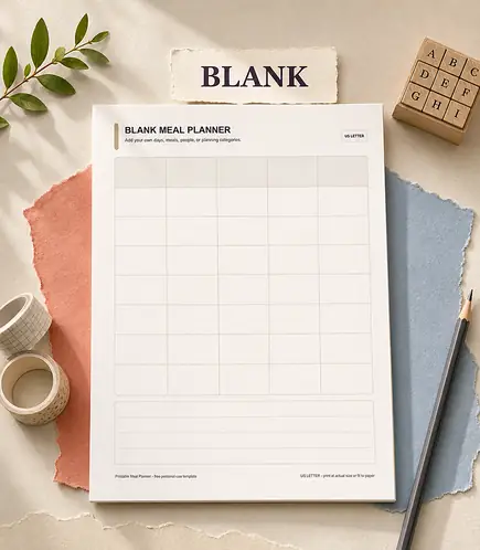 Blank meal planner printable template PDF