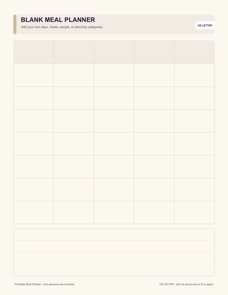 Blank meal planner printable template PDF