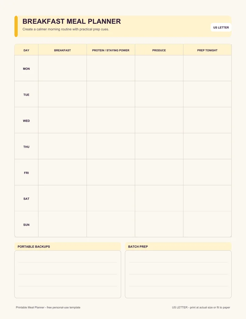 Breakfast meal planner printable template PDF