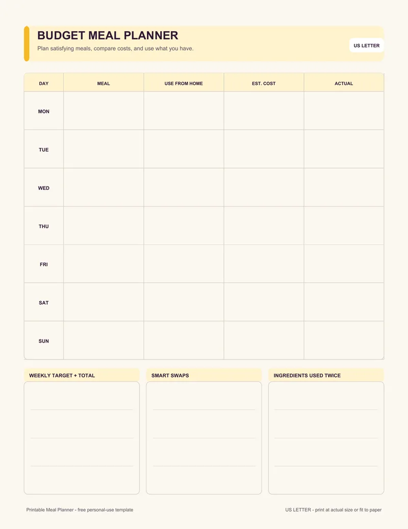 Budget meal planner printable template PDF