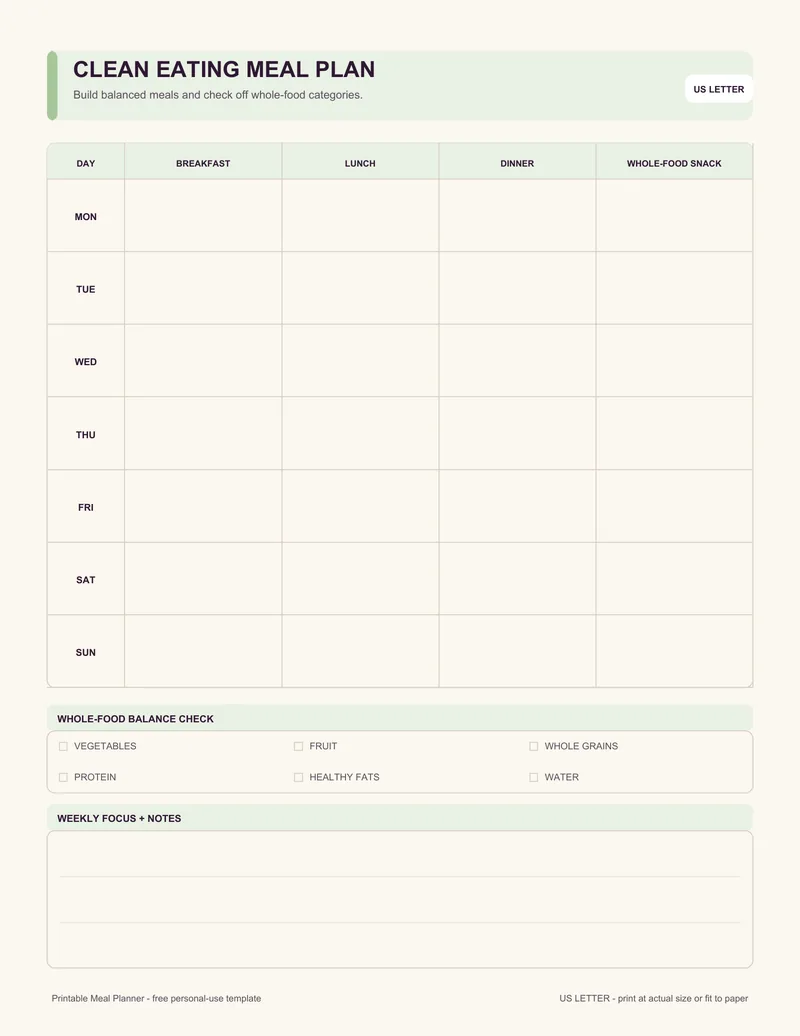 Clean eating meal planner printable template PDF