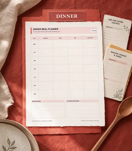 Dinner meal planner printable template PDF