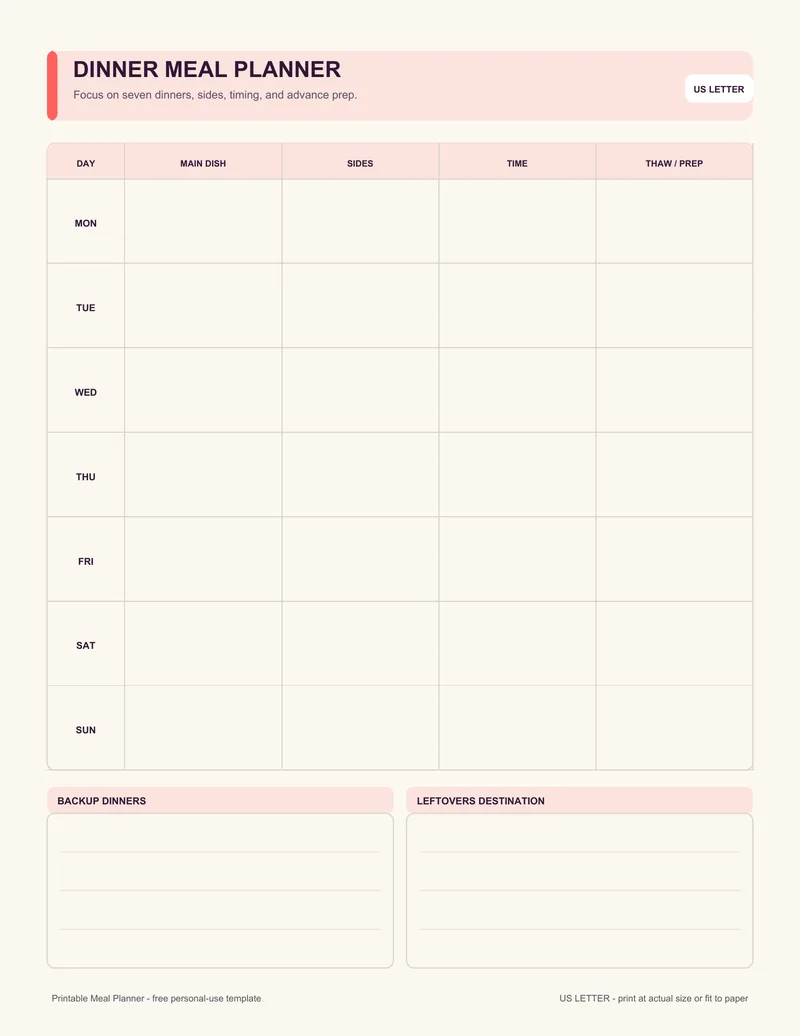 Dinner meal planner printable template PDF