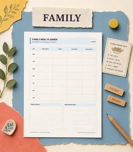 Family meal planner printable template PDF