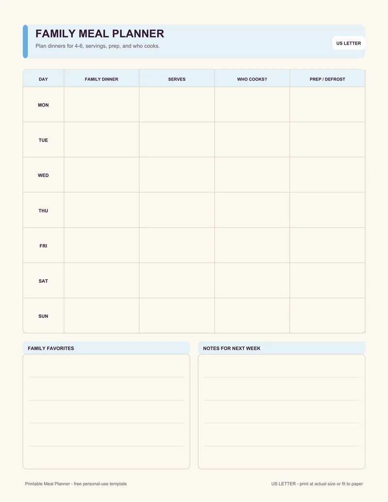 Family meal planner printable template PDF