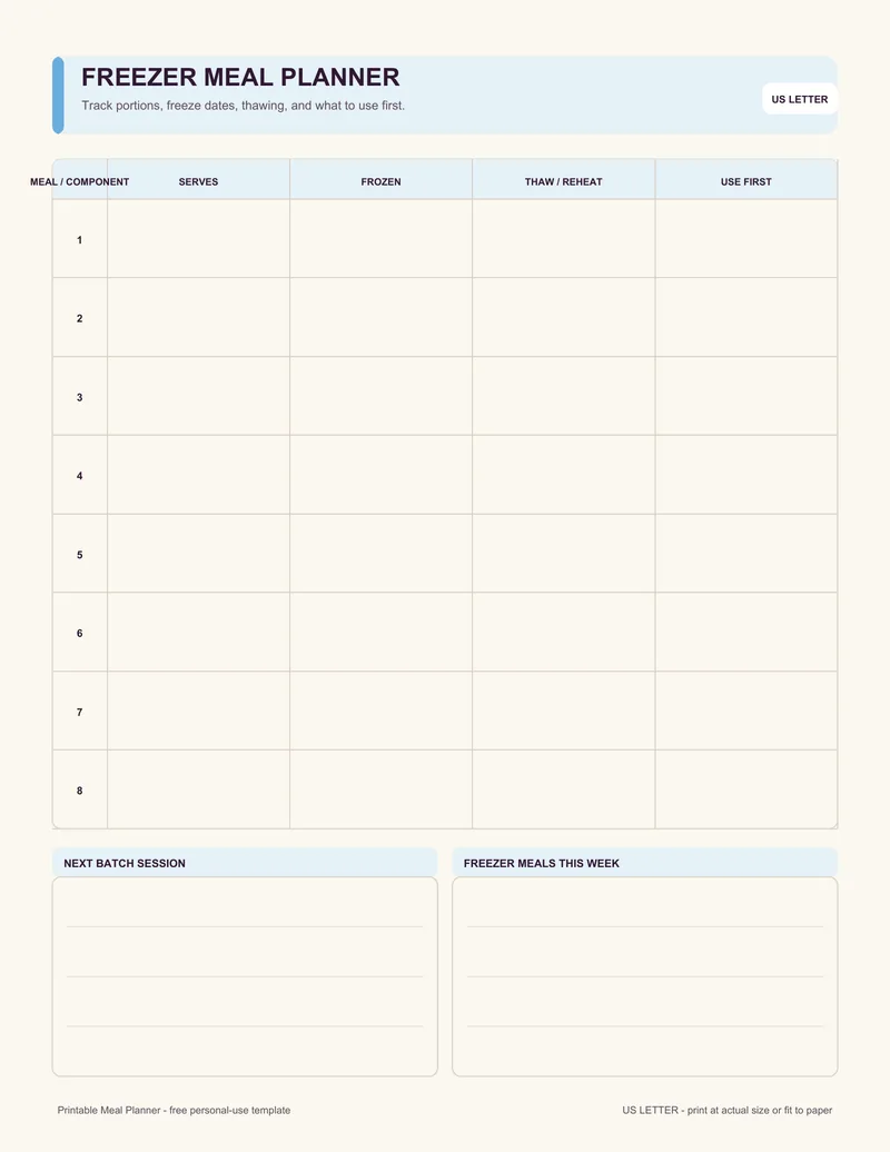 Freezer meal planner printable template PDF