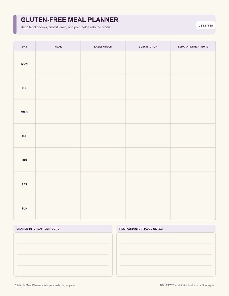 Gluten-free meal planner printable template PDF