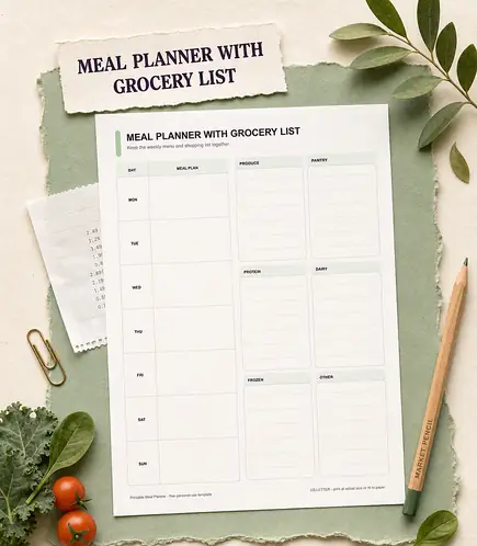 Weekly meal planner with grocery list printable template PDF