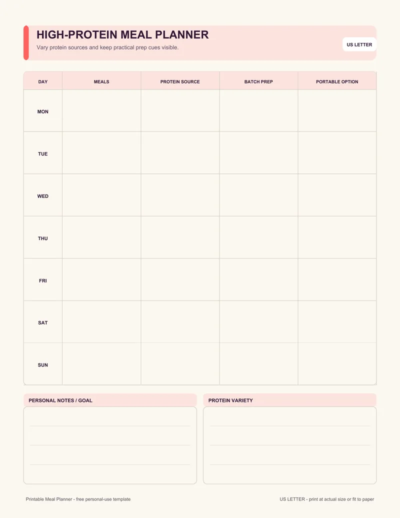 High-protein meal planner printable template PDF