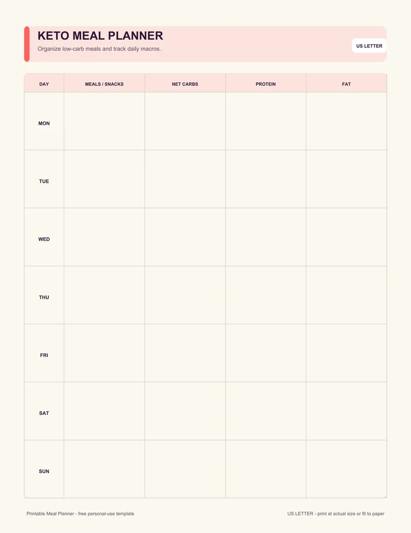 Keto meal planner printable template PDF