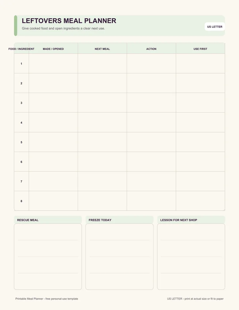 Leftovers meal planner printable template PDF