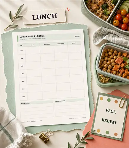 Lunch meal planner printable template PDF