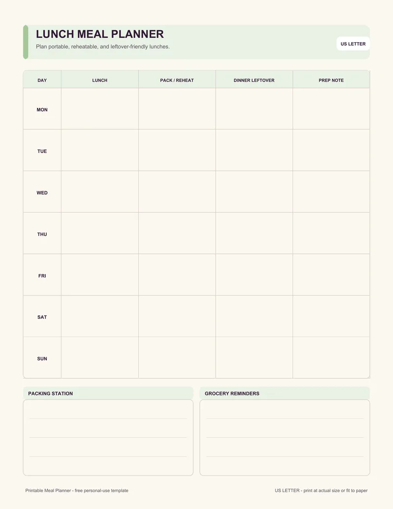Lunch meal planner printable template PDF
