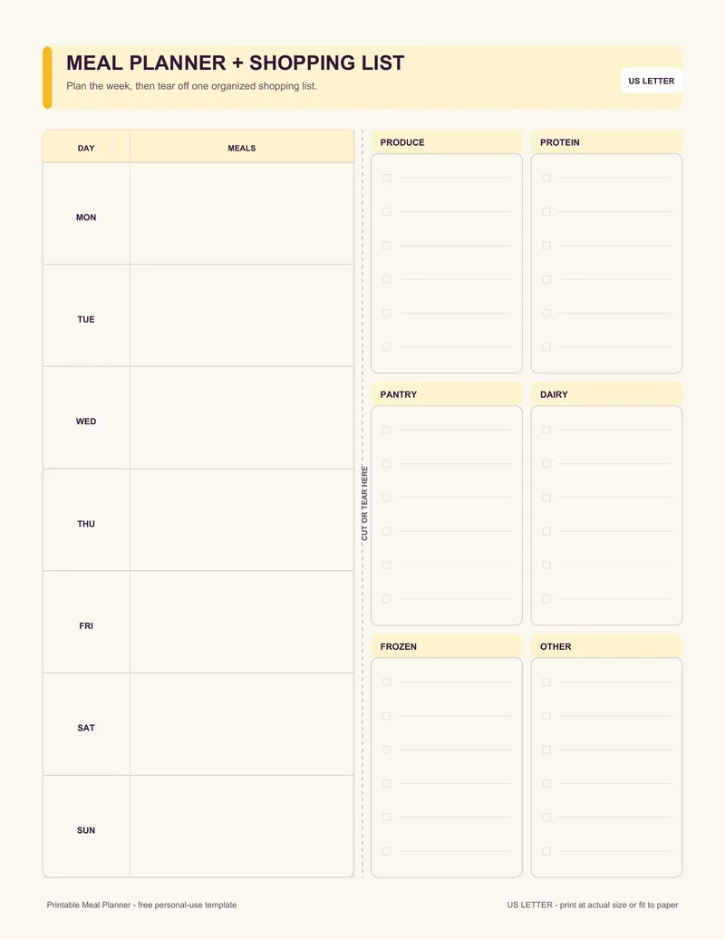 Meal planner and shopping list printable template PDF