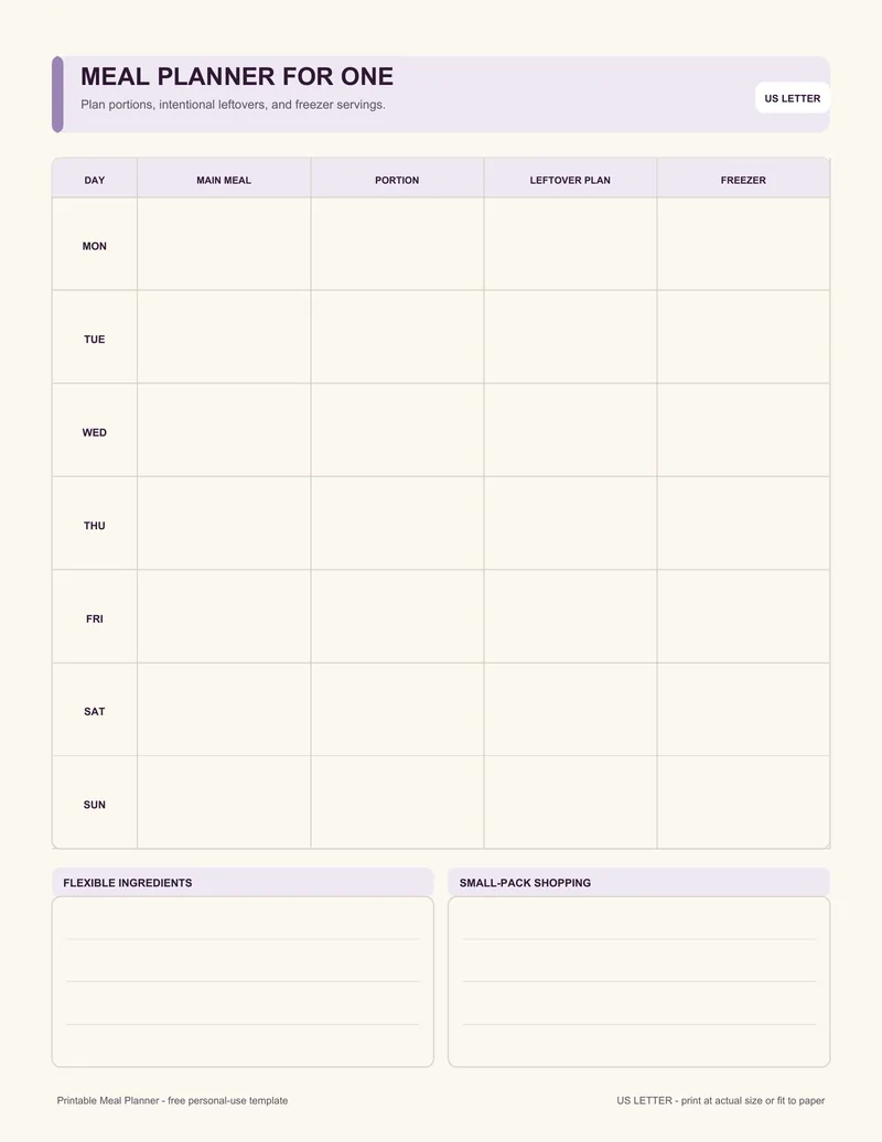 Meal planner for one printable template PDF