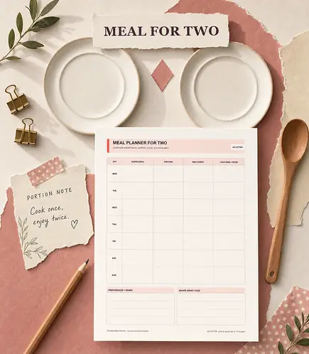Meal planner for two printable template PDF