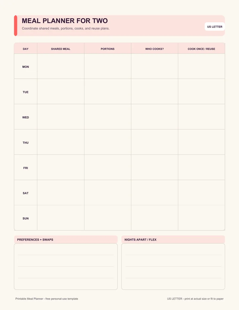 Meal planner for two printable template PDF