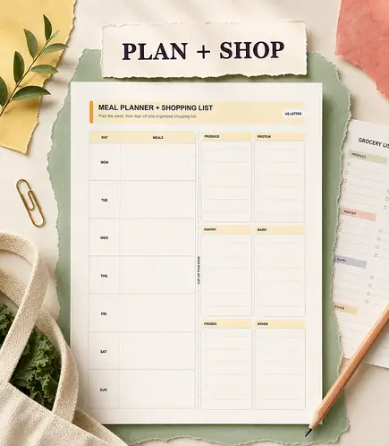 Meal planner and shopping list printable template PDF