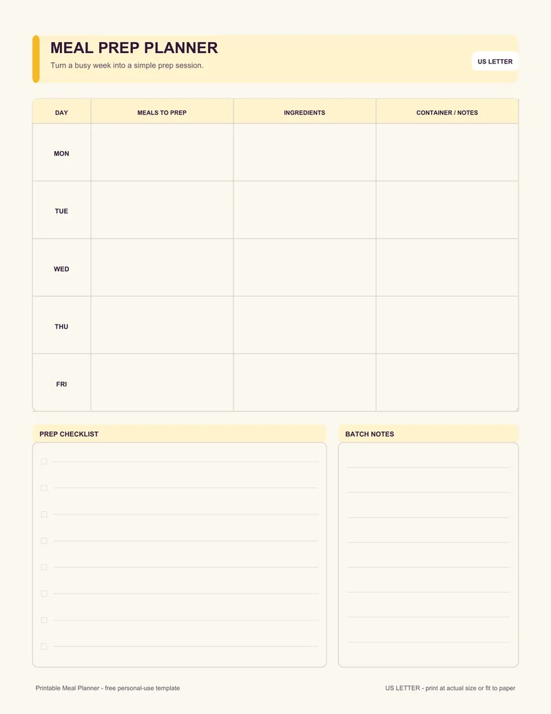Meal prep planner printable template PDF