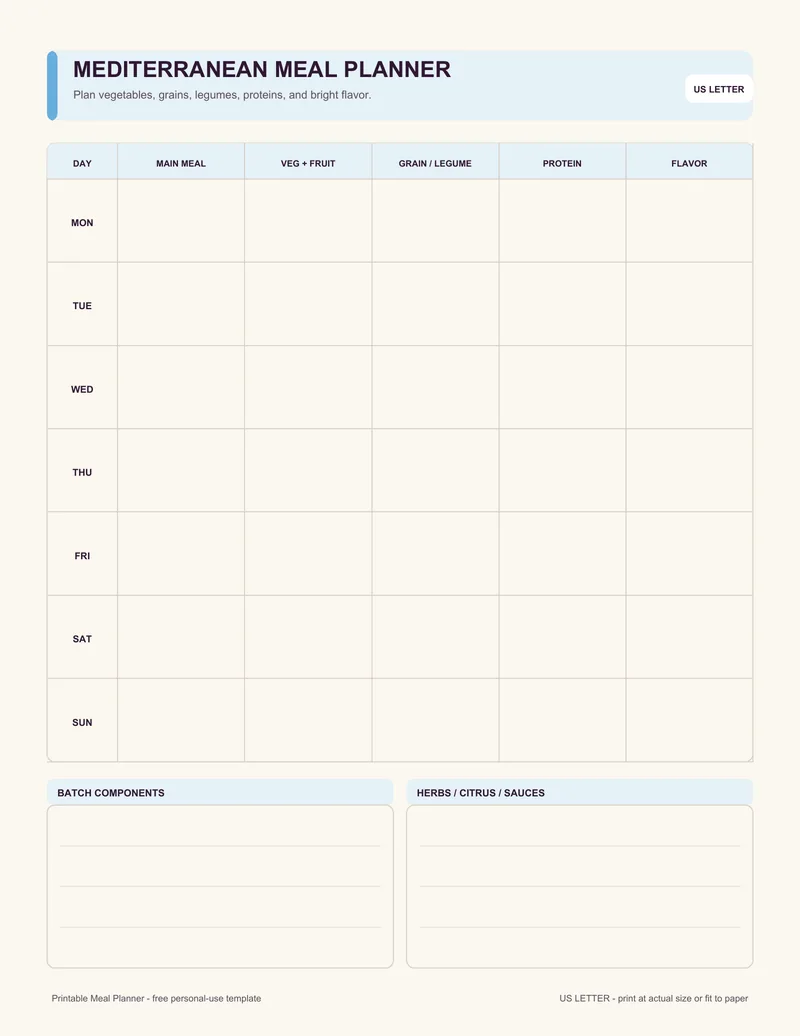 Mediterranean meal planner printable template PDF