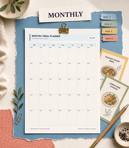 Monthly meal planner printable template PDF