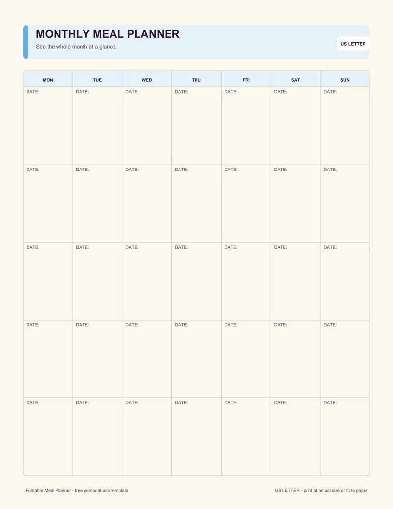 Monthly meal planner printable template PDF