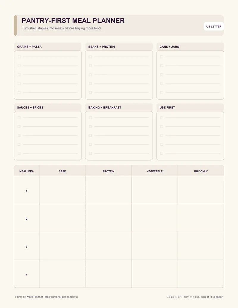 Pantry meal planner printable template PDF