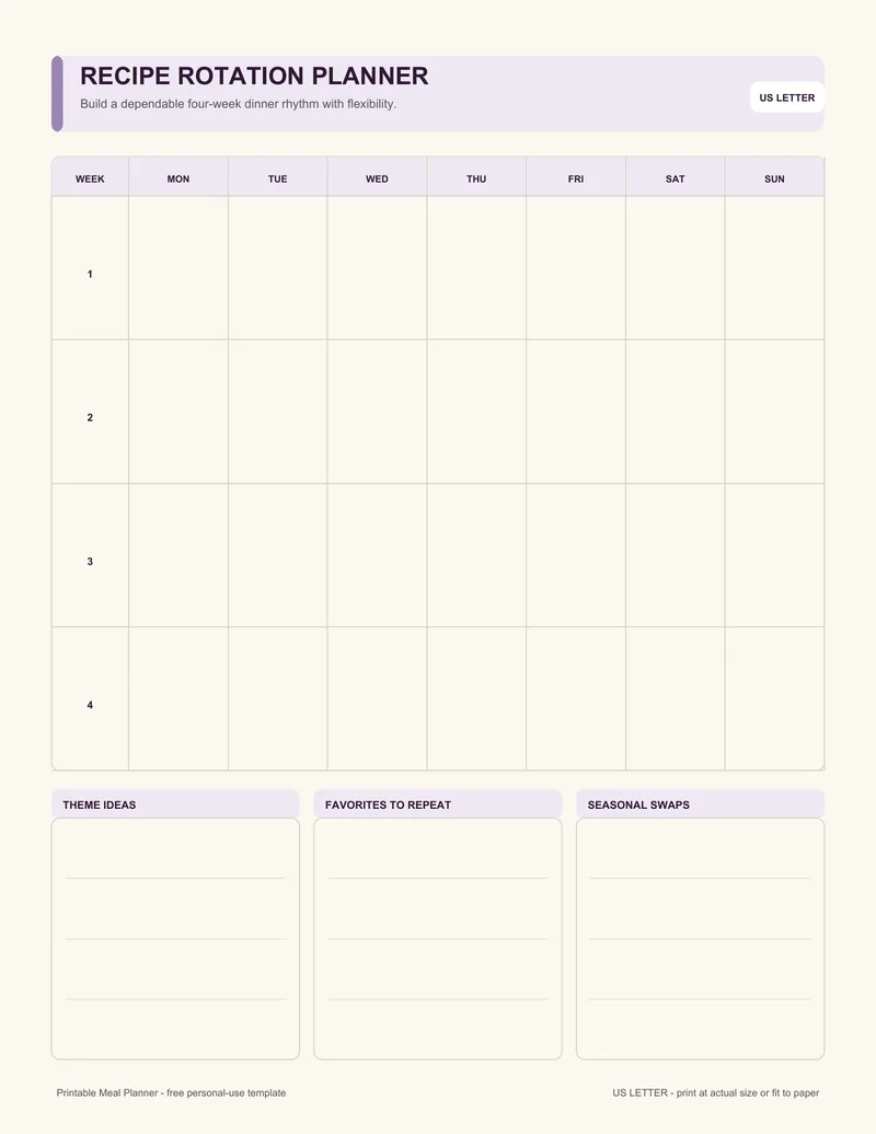Recipe rotation planner printable template PDF