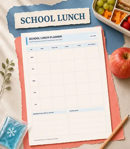 School lunch planner printable template PDF