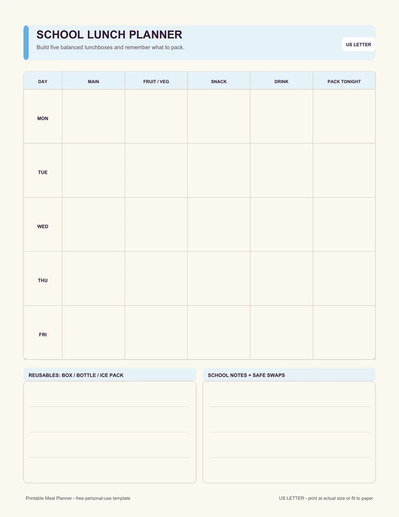 School lunch planner printable template PDF