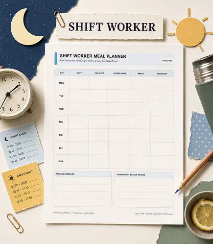 Shift worker meal planner printable template PDF