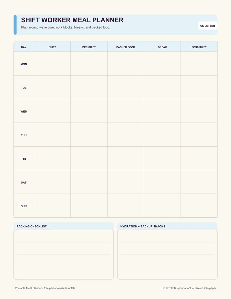 Shift worker meal planner printable template PDF