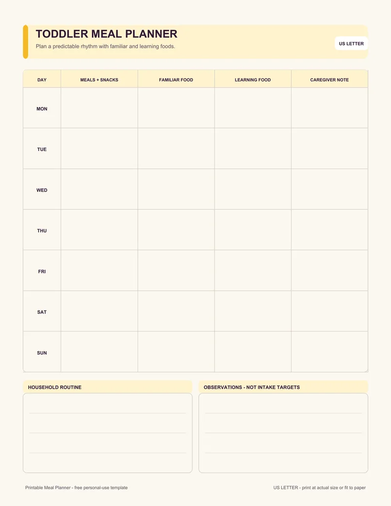 Toddler meal planner printable template PDF