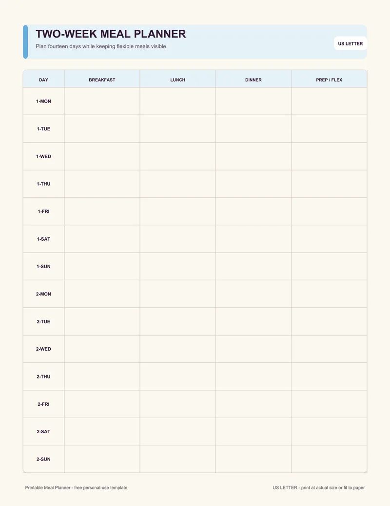Two-week meal planner printable template PDF