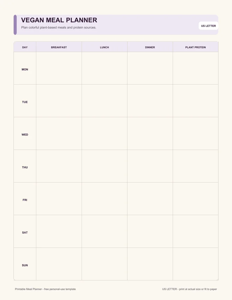 Vegan meal planner printable template PDF