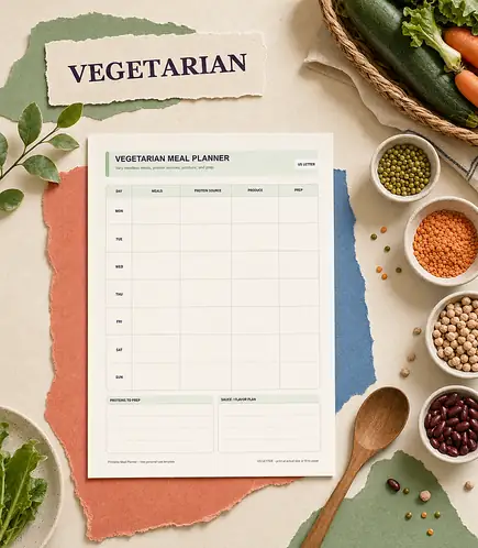 Vegetarian meal planner printable template PDF