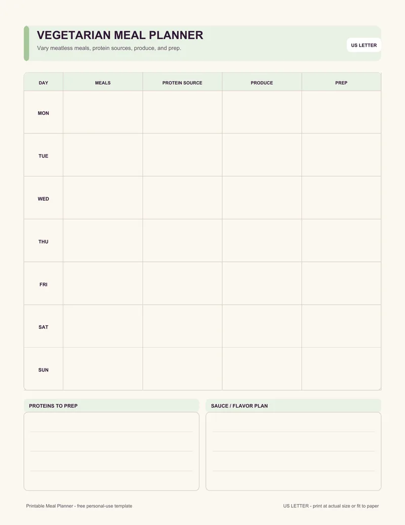 Vegetarian meal planner printable template PDF