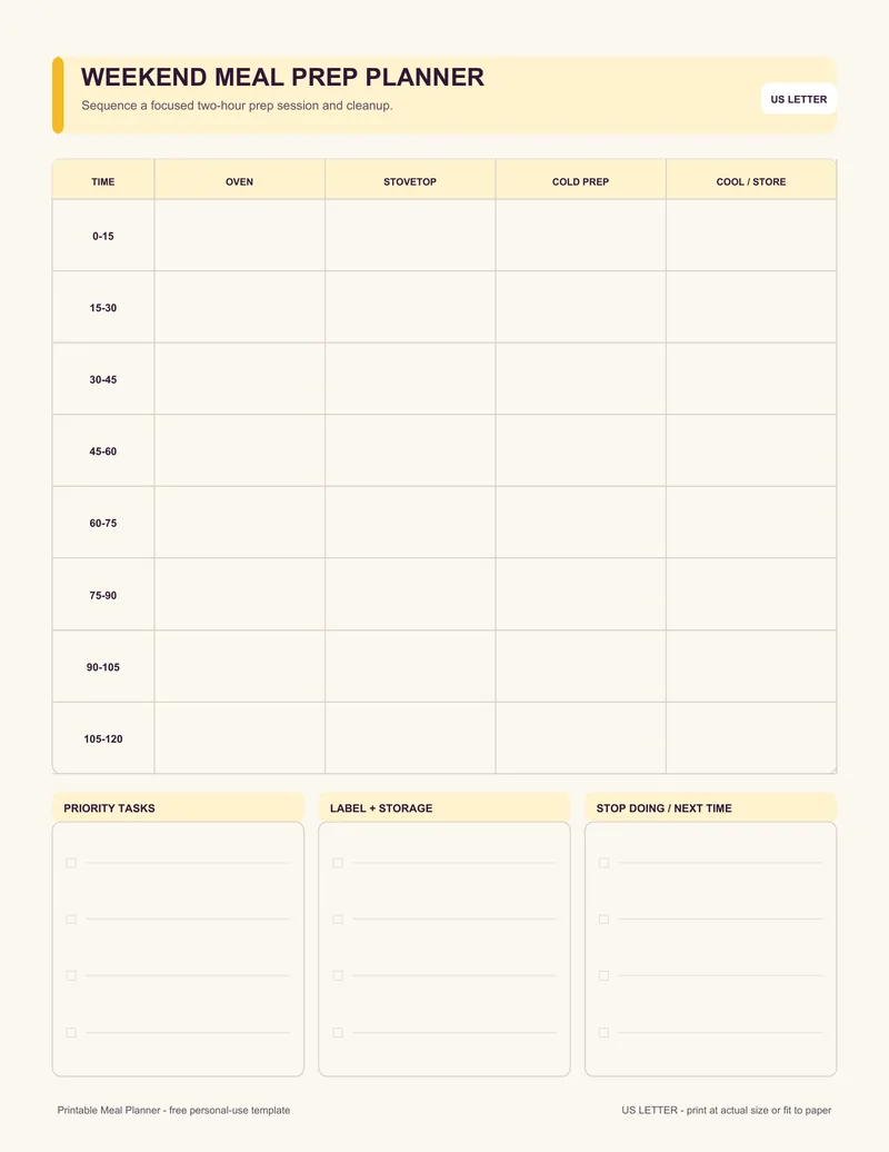 Weekend meal prep planner printable template PDF