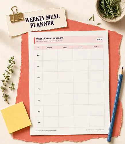 Weekly meal planner printable template PDF