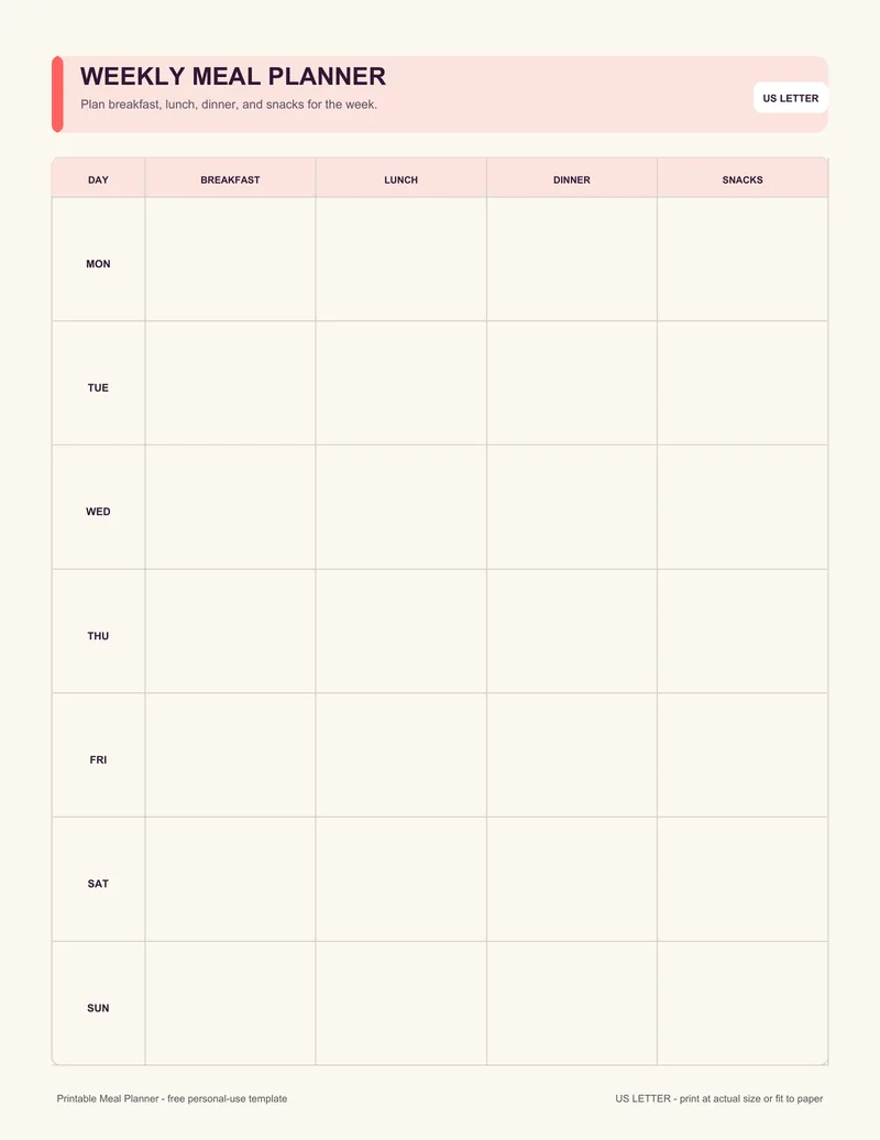Weekly meal planner printable template PDF
