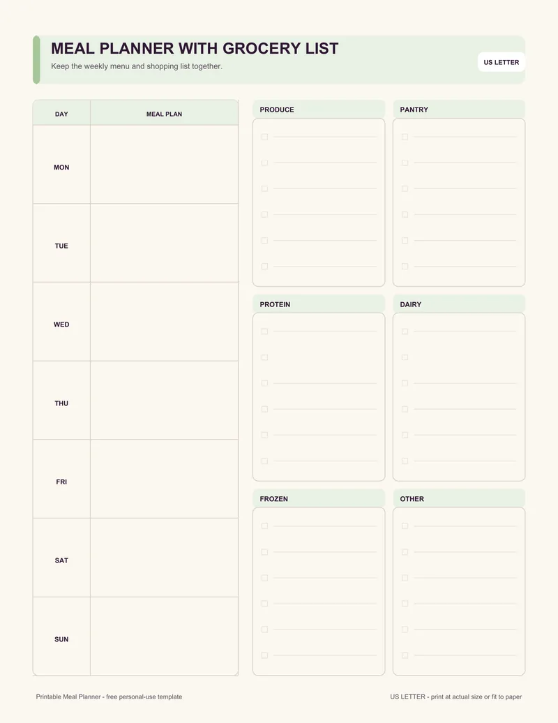 Weekly meal planner with grocery list printable template PDF